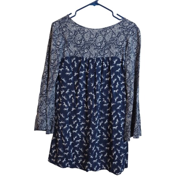 Red Camel Dress Womens XS Blue Paisley Horse Print Rayon Boho Tunic Long Sleeve - Picture 6 of 12